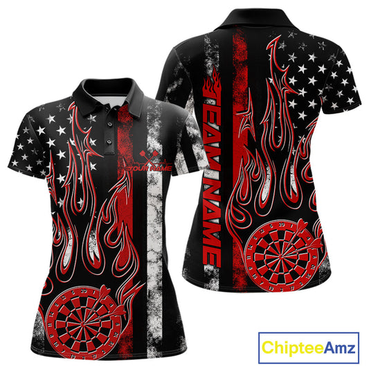 Custom Red Thin Line US Flag Patriotic Flame Dartboard Dart Women Polo Shirt, Dart Jersey IPHW9639