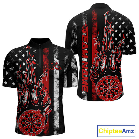 Custom Red Thin Line US Flag Patriotic Flame Dartboard Dart Men Quarter-Zip Shirts, Dart Jerseys IPHW9639