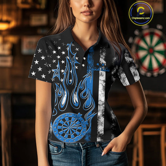 Custom Blue Thin Line US Flag Patriotic Flame Dartboard Women Polo Shirt, Dart Jersey IPHW9640