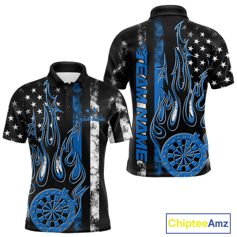 Custom Blue Thin Line US Flag Patriotic Flame Dartboard Dart Men Polo Shirts, Dart Jerseys IPHW9640