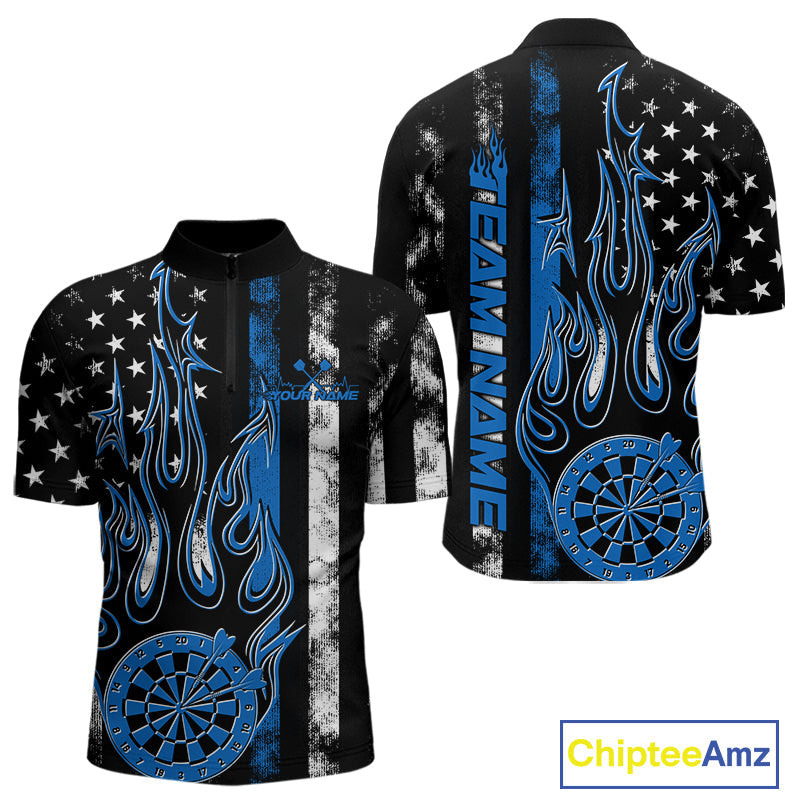 Custom Blue Thin Line US Flag Patriotic Flame Dartboard Dart Men Quarter-Zip Shirts, Dart Jerseys IPHW9640