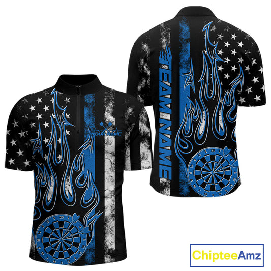 Custom Blue Thin Line US Flag Patriotic Flame Dartboard Dart Men Quarter-Zip Shirts, Dart Jerseys IPHW9640