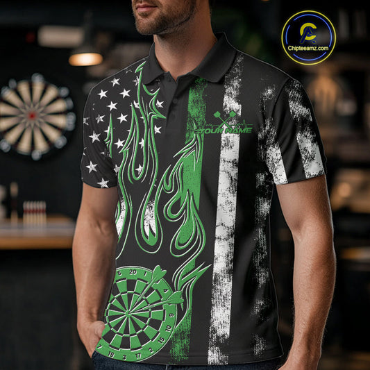Custom Green Thin Line US Flag Patriotic Flame Dartboard Dart Men Polo Shirts, Dart Jerseys IPHW9641