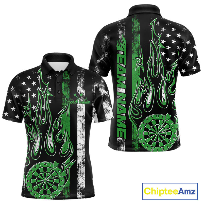 Custom Green Thin Line US Flag Patriotic Flame Dartboard Dart Men Polo Shirts, Dart Jerseys IPHW9641