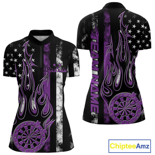 Custom Purple Thin Line US Flag Patriotic Flame Dartboard Dart Women Quarter-Zip Shirts IPHW9642