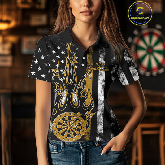 Custom Yellow Thin Line US Flag Patriotic Flame Dartboard Women Polo Shirt, Dart Jersey IPHW9643