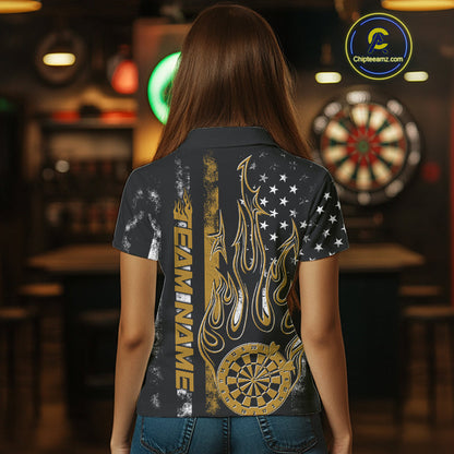 Custom Yellow Thin Line US Flag Patriotic Flame Dartboard Women Polo Shirt, Dart Jersey IPHW9643