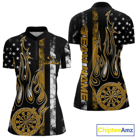 Custom Yellow Thin Line US Flag Patriotic Flame Dartboard Dart Women Quarter-Zip Shirts IPHW9643