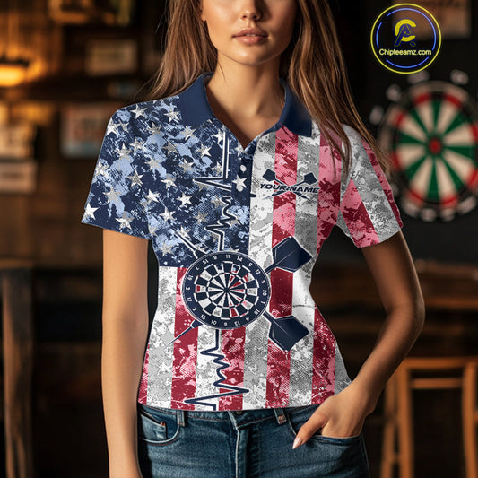 Custom US Flag Patriotic Dart Pulse Line Polo Shirts For Women, Dart Team Shirt IPHW9649