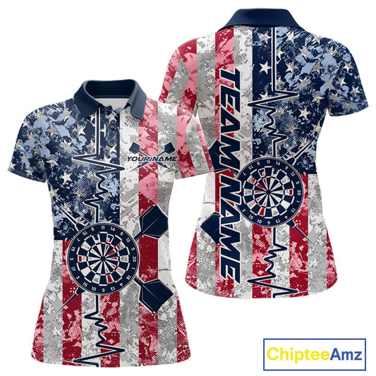 Custom US Flag Patriotic Dart Pulse Line Polo Shirts For Women, Dart Team Shirt IPHW9649