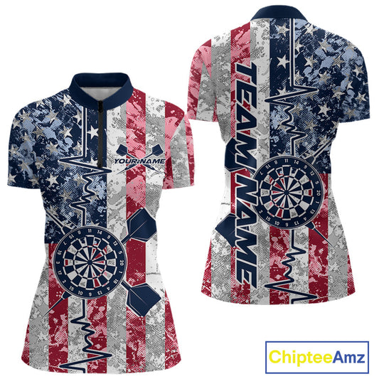 Custom US Flag Patriotic Dart Pulse Line Quarter-Zip Shirts For Women, Dart Team Shirt IPHW9649