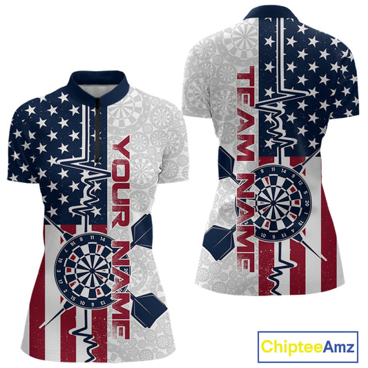 Custom US Flag Patriotic Dart Pulse Line Quarter-Zip Shirts For Women, Dart Team Shirt IPHW9650