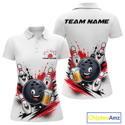 Custom White And Red Funny Beer Bowling Women Polo Shirt, Beer Drinking Party Bowling IPHW11850