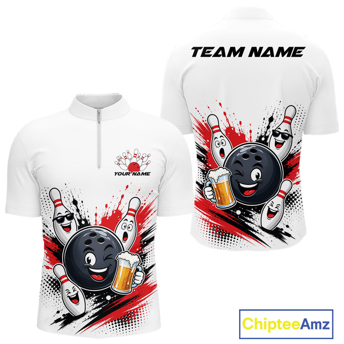Custom White And Red Funny Beer Bowling Men Quarter Zip Shirt, Beer Drinking Party Bowling IPHW11850