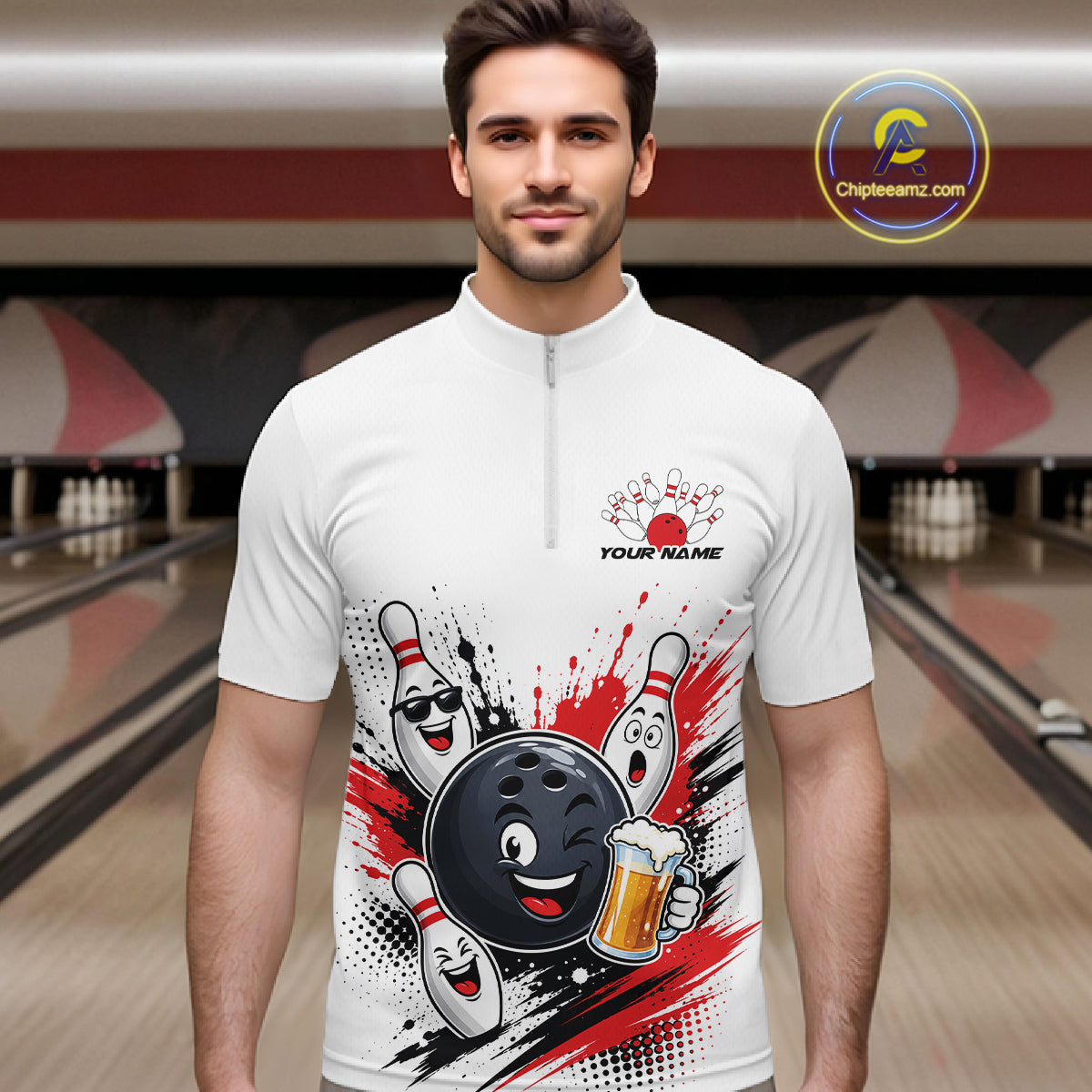 Custom White And Red Funny Beer Bowling Men Quarter Zip Shirt, Beer Drinking Party Bowling IPHW11850