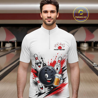 Custom White And Red Funny Beer Bowling Men Quarter Zip Shirt, Beer Drinking Party Bowling IPHW11850