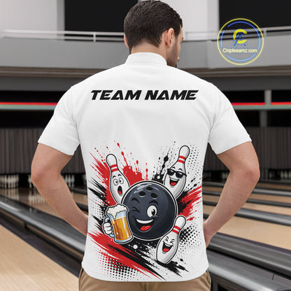 Custom White And Red Funny Beer Bowling Men Quarter Zip Shirt, Beer Drinking Party Bowling IPHW11850