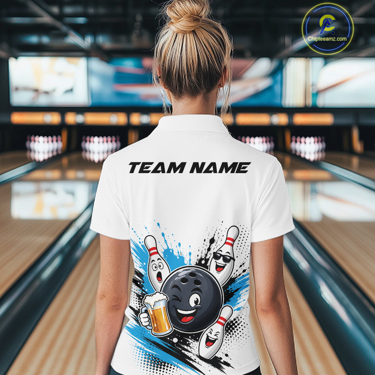 Custom White And Blue Funny Beer Bowling Women Polo Shirt, Beer Drinking Party Bowling IPHW11851