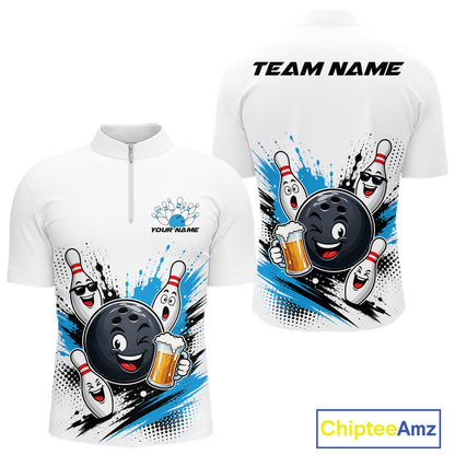 Custom White And Blue Funny Beer Bowling Men Quarter Zip Shirt, Beer Drinking Party Bowling IPHW11851