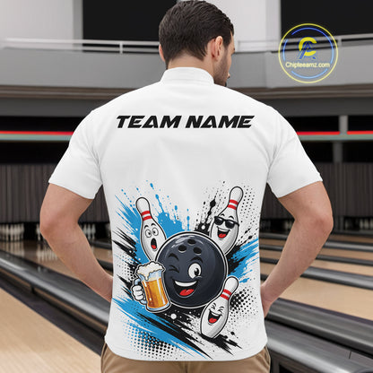 Custom White And Blue Funny Beer Bowling Men Quarter Zip Shirt, Beer Drinking Party Bowling IPHW11851