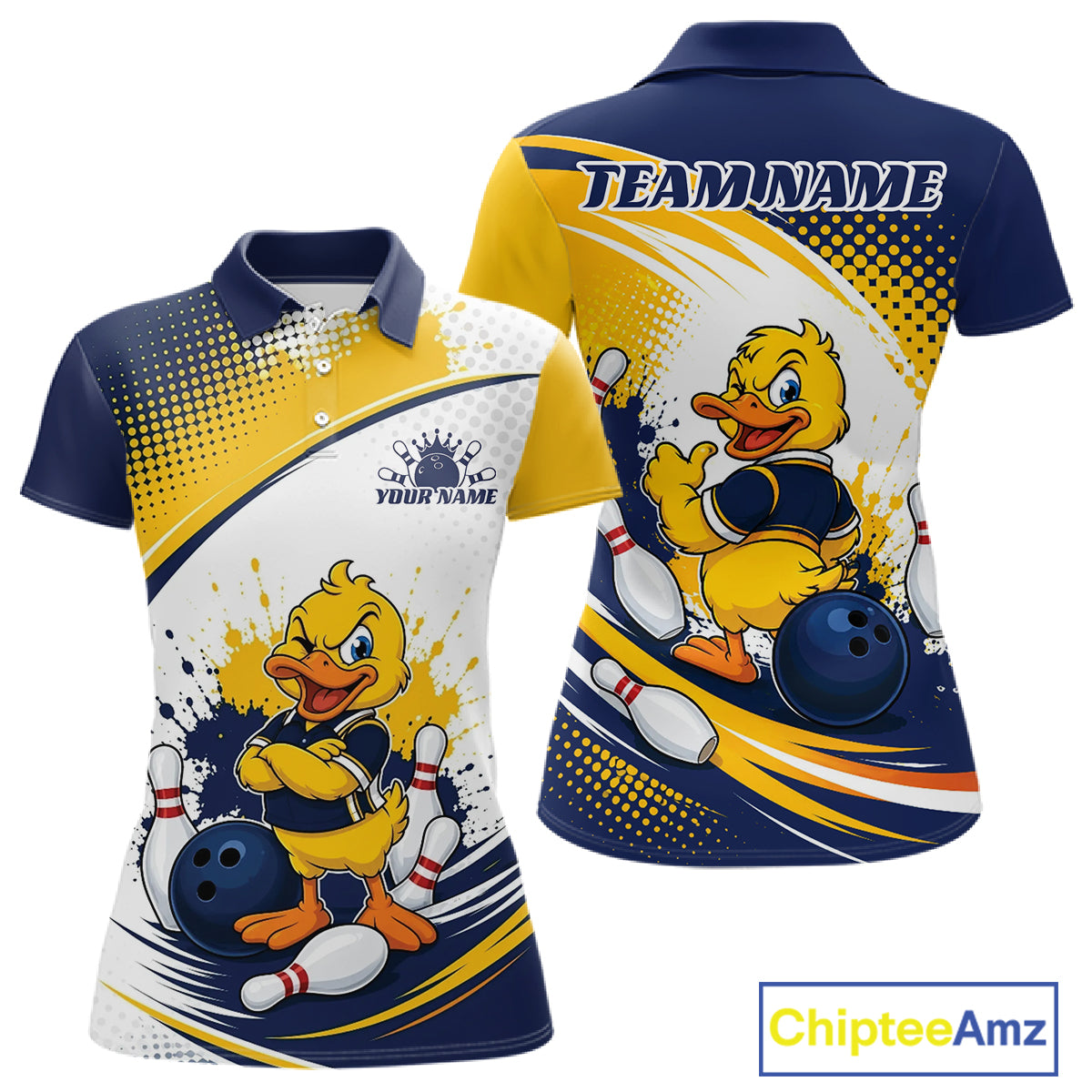 Custom Blue And Yellow Funny Duck Bowling Team Women Polo Shirt, Bowling Jersey IPHW11856
