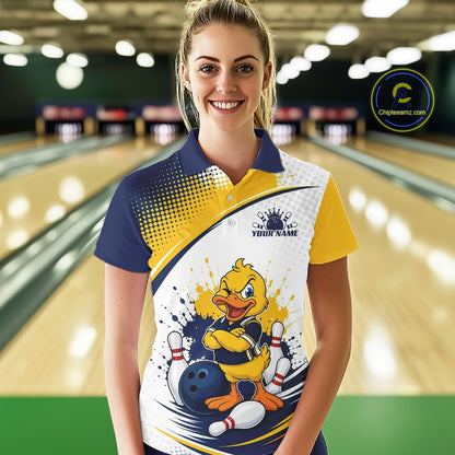 Custom Blue And Yellow Funny Duck Bowling Team Women Polo Shirt, Bowling Jersey IPHW11856