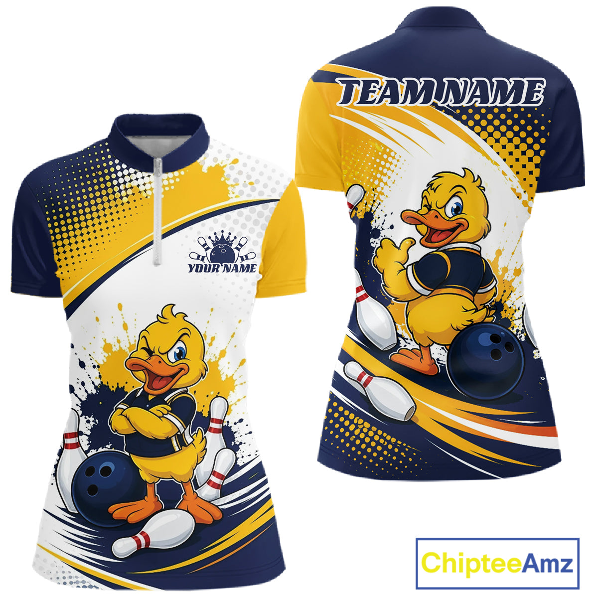 Custom Blue And Yellow Funny Duck Bowling Team Women Quarter-Zip Shirt, Bowling Jersey IPHW11856