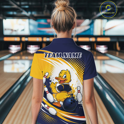 Custom Blue And Yellow Funny Duck Bowling Team Women Quarter-Zip Shirt, Bowling Jersey IPHW11856
