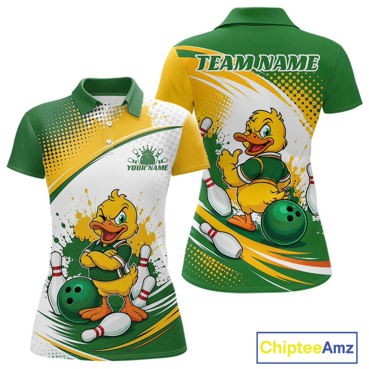 Custom Green And Yellow Funny Duck Bowling Team Women Polo Shirt, Bowling Jersey IPHW11857