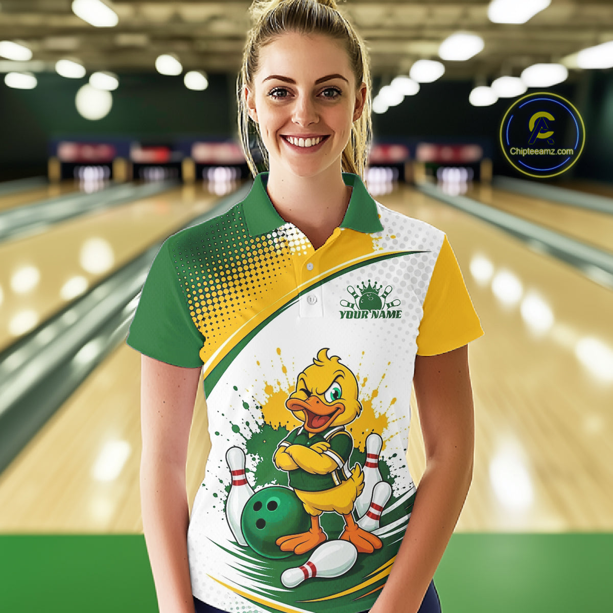 Custom Green And Yellow Funny Duck Bowling Team Women Polo Shirt, Bowling Jersey IPHW11857