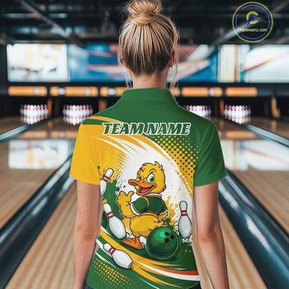 Custom Green And Yellow Funny Duck Bowling Team Women Polo Shirt, Bowling Jersey IPHW11857