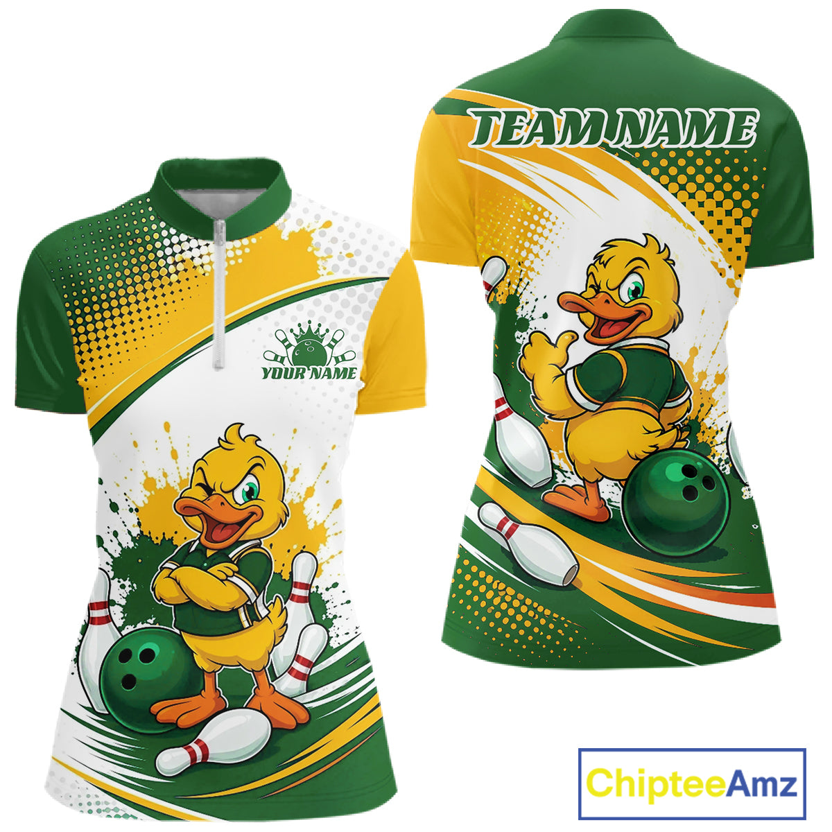 Custom Green And Yellow Funny Duck Bowling Team Women Quarter-Zip Shirt, Bowling Jersey IPHW11857
