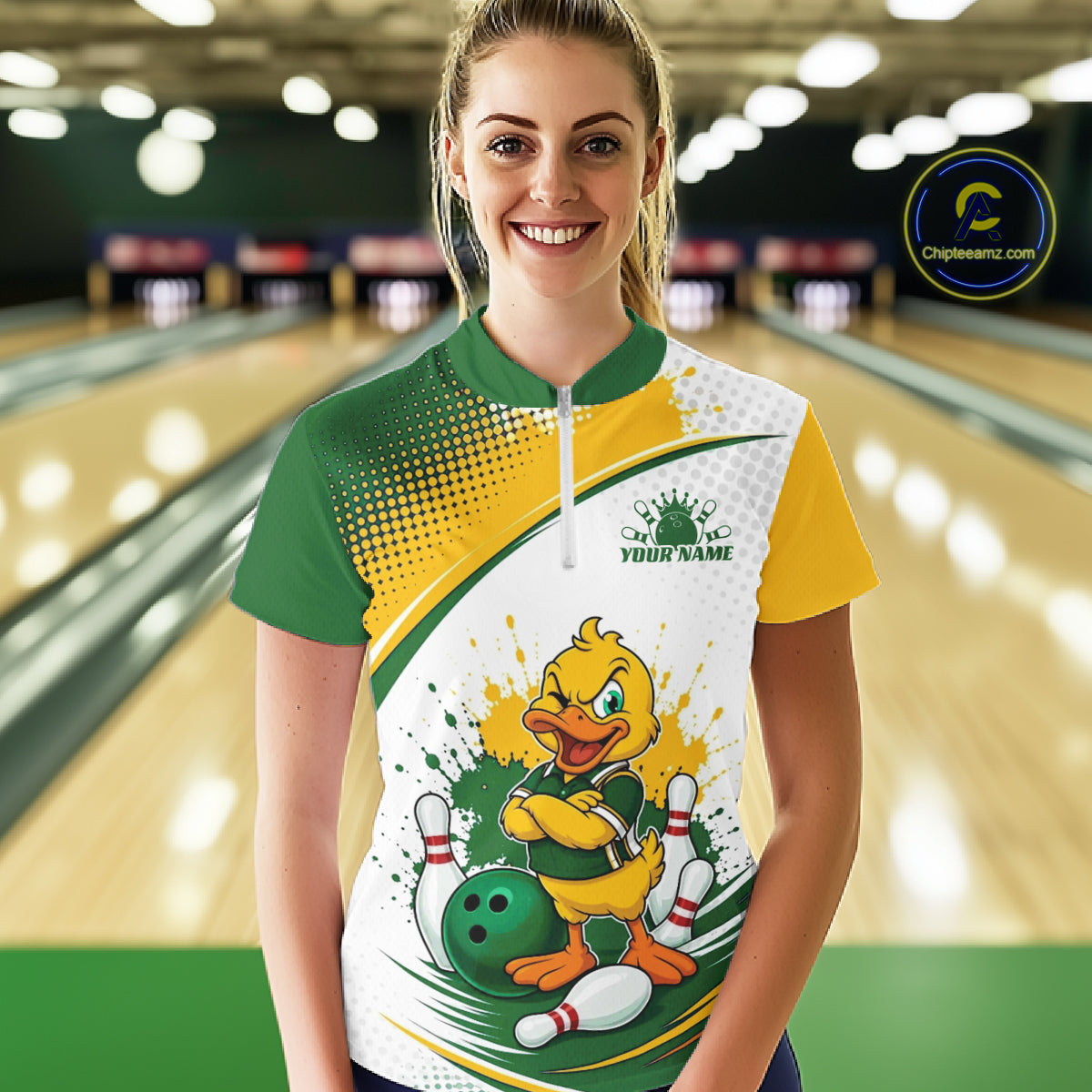 Custom Green And Yellow Funny Duck Bowling Team Women Quarter-Zip Shirt, Bowling Jersey IPHW11857