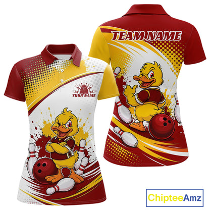 Custom Red And Yellow Funny Duck Bowling Team Women Polo Shirt, Bowling Jersey IPHW11858