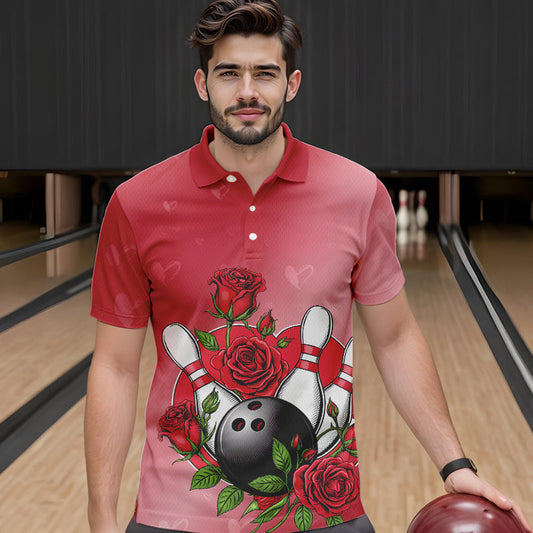 Custom Valentine Bowling Polo Shirts For Men, Bowling And Red Roses Couple Bowling Outfits IPHW8350