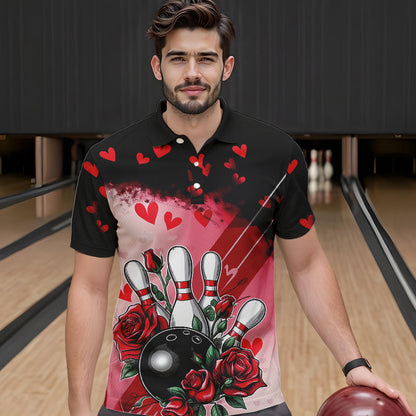 Custom Black And Red Heart Theme Valentine Bowling Polo Shirts For Men, Couple Bowling Shirt IPHW8353