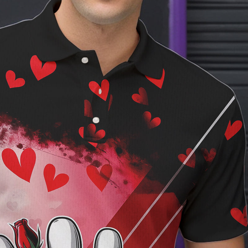 Custom Black And Red Heart Theme Valentine Bowling Polo Shirts For Men, Couple Bowling Shirt IPHW8353
