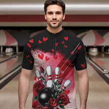 Load image into Gallery viewer, Custom Black And Red Heart Theme Valentine Bowling Quarter-Zip Shirt For Men, Couple Bowling Shirt IPHW8353