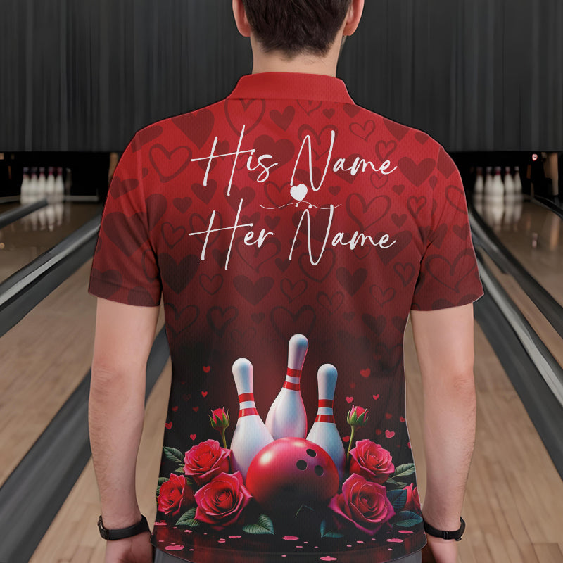 Red Heart Theme Custom Valentines Bowling Polo Shirt For Men, Couple Bowling Outfits IPHW8357