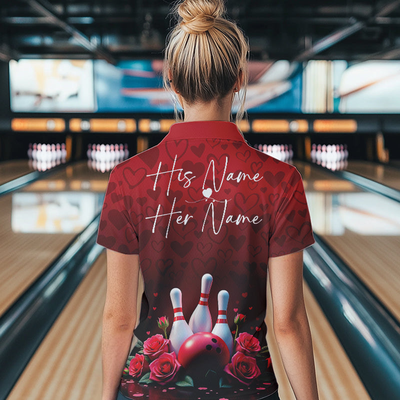 Red Heart Theme Custom Valentines Bowling Polo Shirt For Women, Couple Bowling Outfits IPHW8357