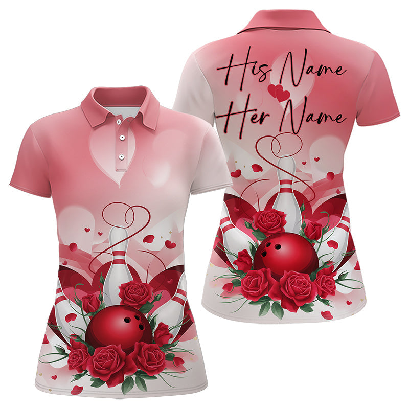 Bowling And Red Roses Custom Valentine Bowling Polo Shirts For Women Bowling Couple Outfits IPHW8358