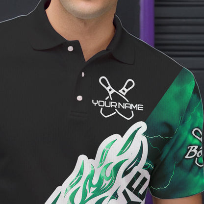 Custom Black And Green Thunder Lightning Strike Bowling Polo Shirts For Men Team Shirt IPHW8534