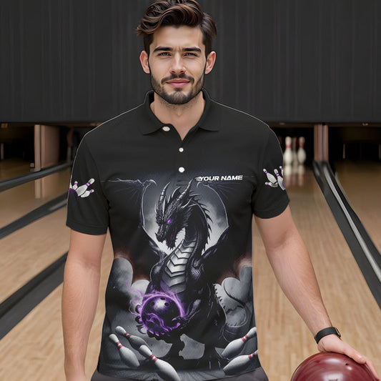 Custom Black And Purple Dragon Bowling Team Polo Shirts For Men, Dragon Bowling Jerseys IPHW8546