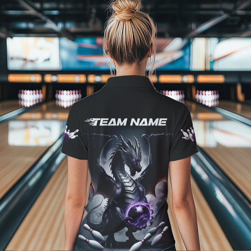 Custom Black And Purple Dragon Bowling Team Polo Shirts For Women, Dragon Bowling Jerseys IPHW8546