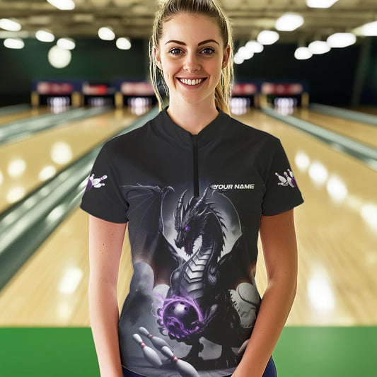 Custom Black And Purple Dragon Bowling Team Womens Quarter-Zip Shirt, Dragon Bowling Jersey IPHW8546