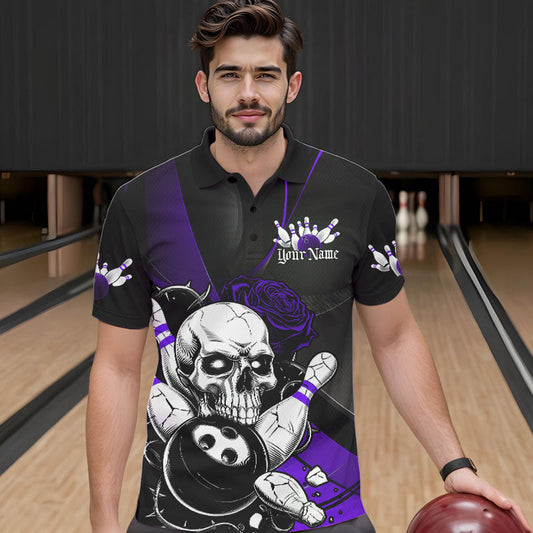 Custom Black And Purple Roses Skull Bowling Team Polo Shirts For Men, Skull Bowling Jerseys IPHW8871