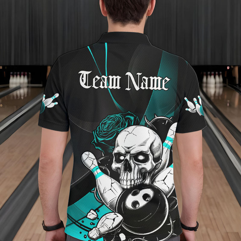 Custom Black And Blue Roses Skull Bowling Team Polo Shirts For Men, Skull Bowling Jerseys IPHW8872