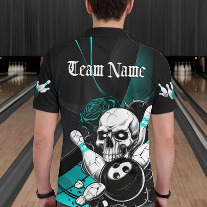 Custom Black And Blue Roses Skull Bowling Team Polo Shirts For Men, Skull Bowling Jerseys IPHW8872