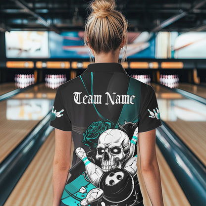 Custom Black And Blue Roses Skull Bowling Team Polo Shirts For Women, Skull Bowling Jerseys IPHW8872
