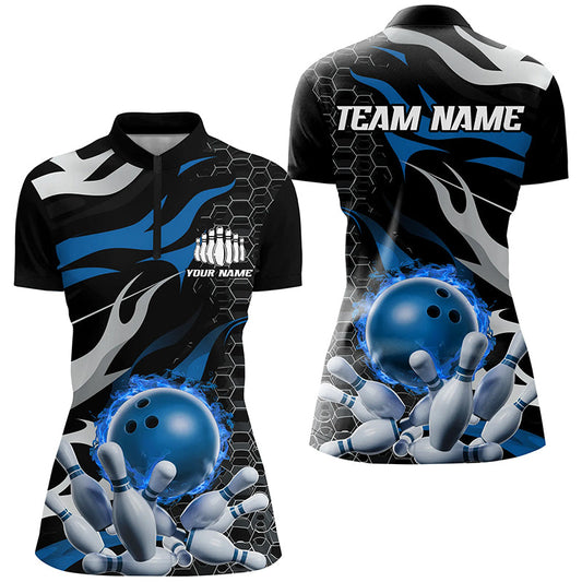 Blue And Black Custom Flame Bowling Quarter Zip Shirts For Women, Bowling Team Shirts IPHW6790